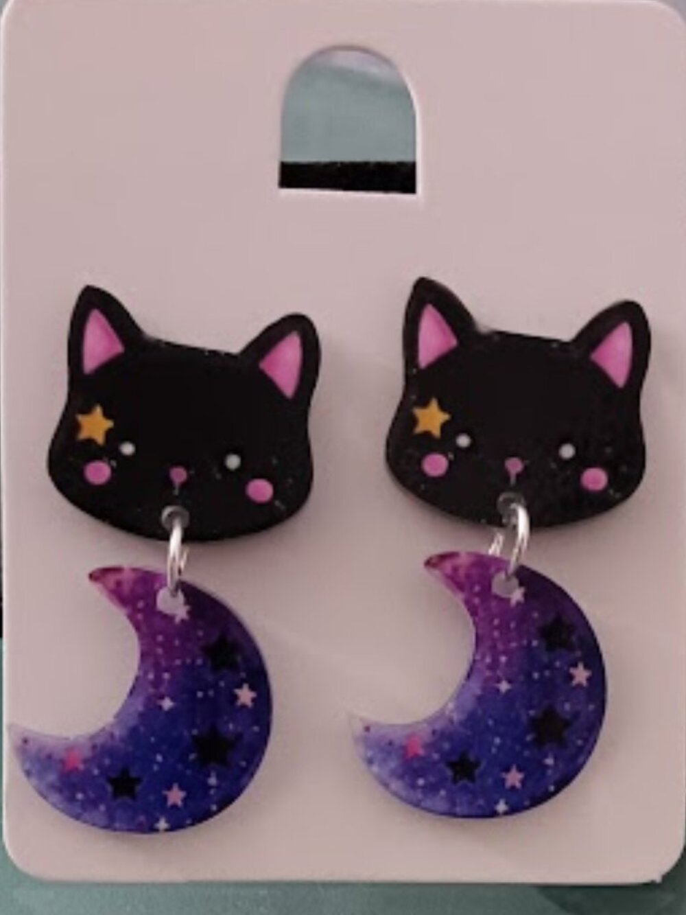 DESIGNER Halloween Black Cat Purple Moon Stars Acrylic Drop Earrings**NEW!